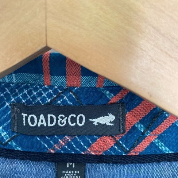 TOAD & Co 100% Organic Cotton Short Sleeve Button Up Plaid Shirt Blue/Orange Med - Picture 4 of 6